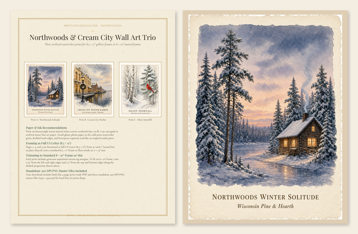 Northwoods and Cream City Holiday Wall Art Trio cover and Print A preview: framing trim guide alongside a watercolor of a snow-draped Wisconsin Northwoods log cabin at dusk.