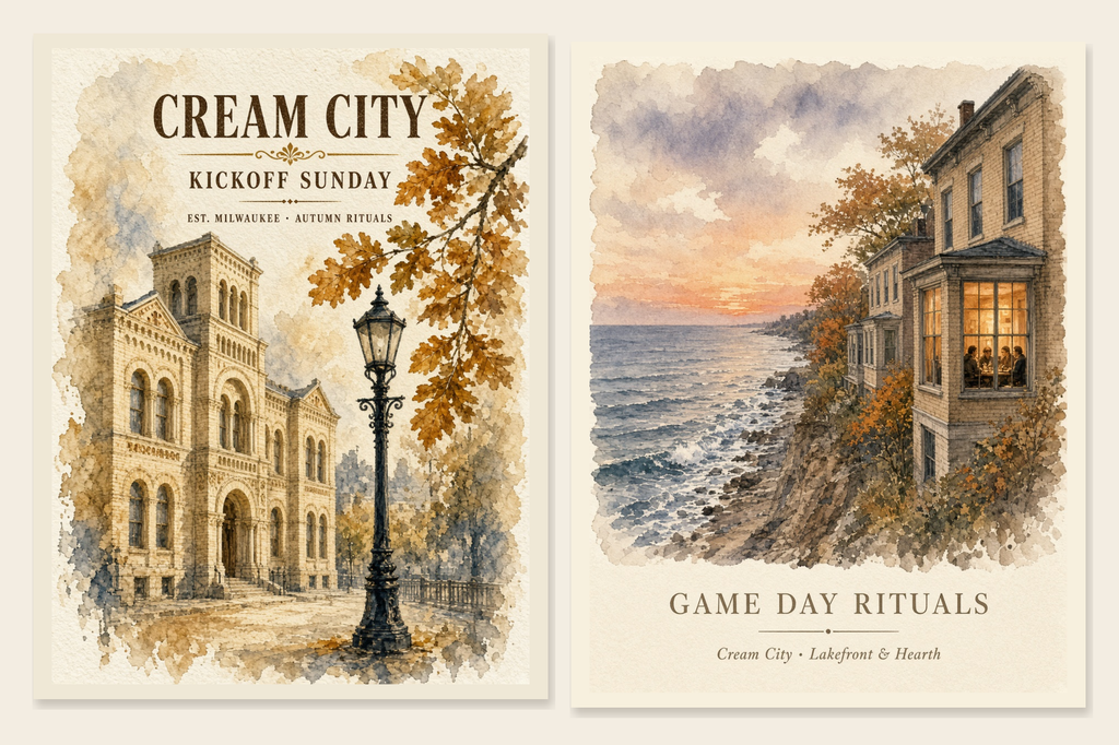 Cream City Kickoff printable wall art duo: side-by-side watercolor prints of historic Milwaukee Cream City brick architecture and a Lake Michigan bluff sunset.