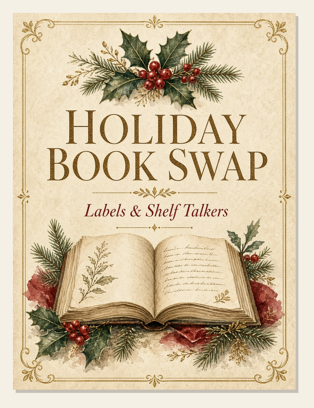 Holiday Book Swap cover: painted open book framed by holly, red berries and pine on cream, with the subtitle Labels & Shelf Talkers.