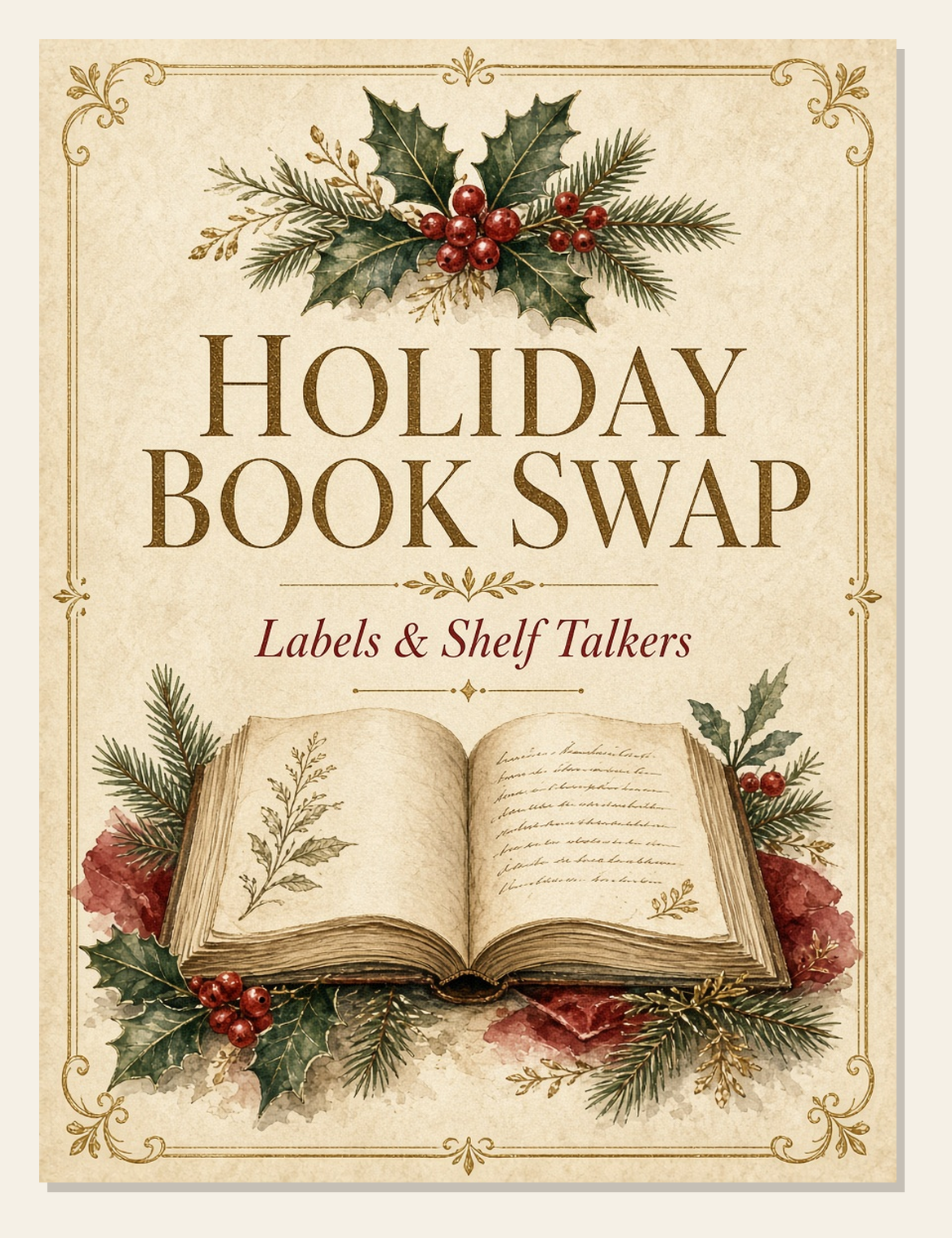 Holiday Book Swap cover: painted open book framed by holly, red berries and pine on cream, with the subtitle Labels & Shelf Talkers.