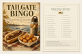 Tailgate Bingo Wisconsin Edition cover and caller sheet preview: painted Milwaukee lakefront autumn tailgate with bratwurst, cheese curds, spiced cider and plaid wool blanket.