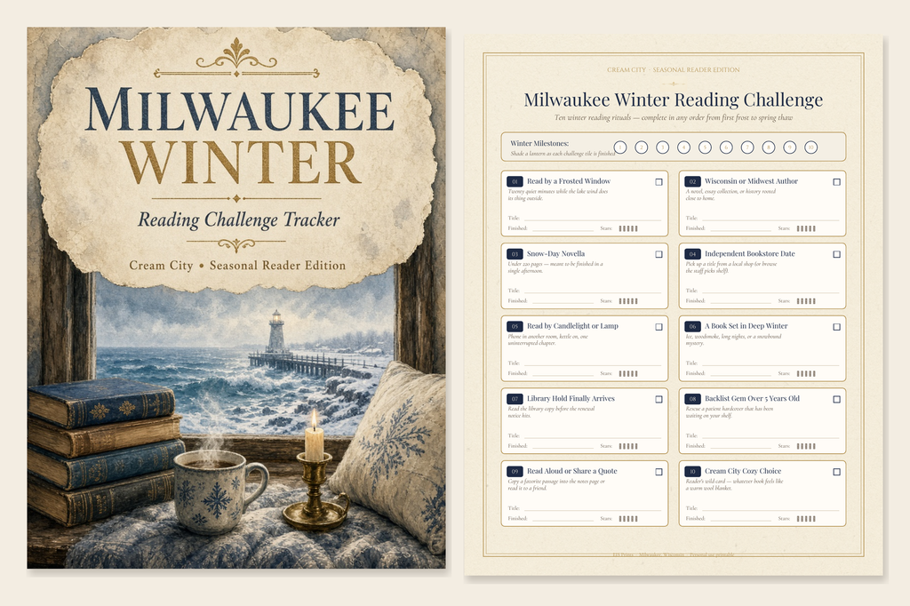 Milwaukee Winter Reading Challenge cover and tracker preview: painted cozy window nook overlooking a snowy Lake Michigan pier and lighthouse with books, mug and candle.