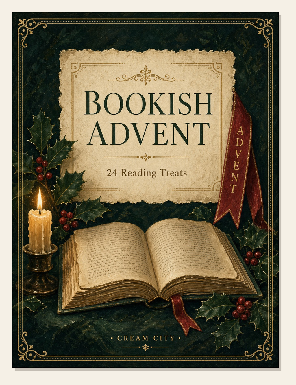 Bookish Advent cover: painted open book, lit candle, holly and a burgundy ribbon on deep evergreen, with the title 24 Reading Treats and a Cream City footer.