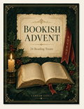 Bookish Advent cover: painted open book, lit candle, holly and a burgundy ribbon on deep evergreen, with the title 24 Reading Treats and a Cream City footer.