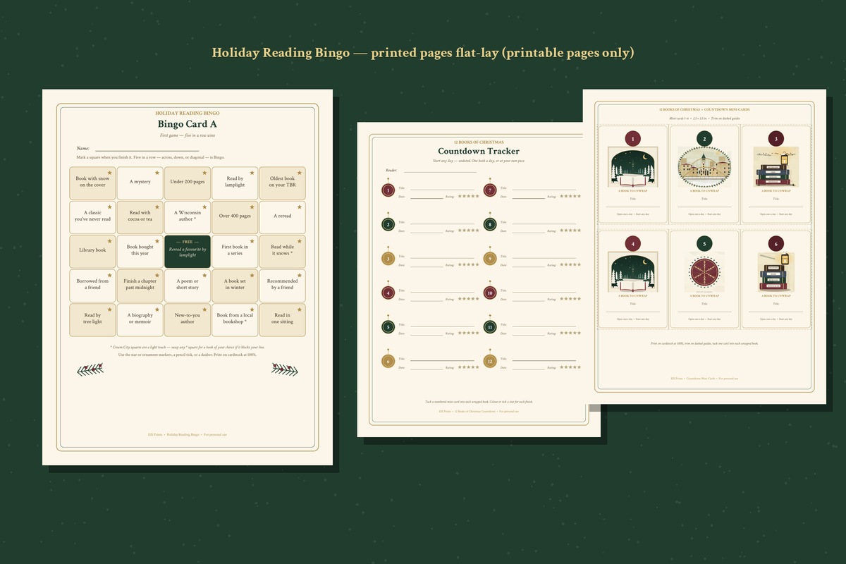 Printed Holiday Reading Bingo card, countdown tracker and mini-cards laid flat on a dark evergreen desk — printable pages only.