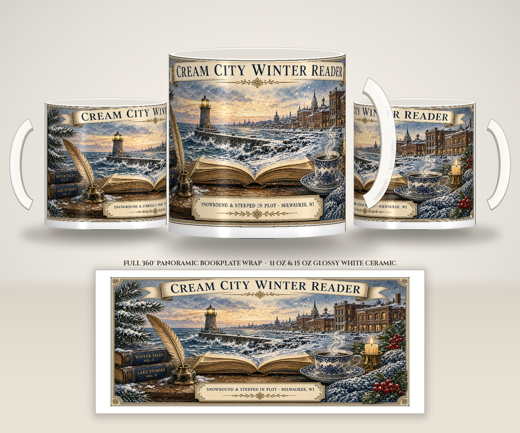 Cream City Winter Reader Ceramic Mug (15oz) — 3-Angle View & Full Panoramic Archival Bookplate Wrap