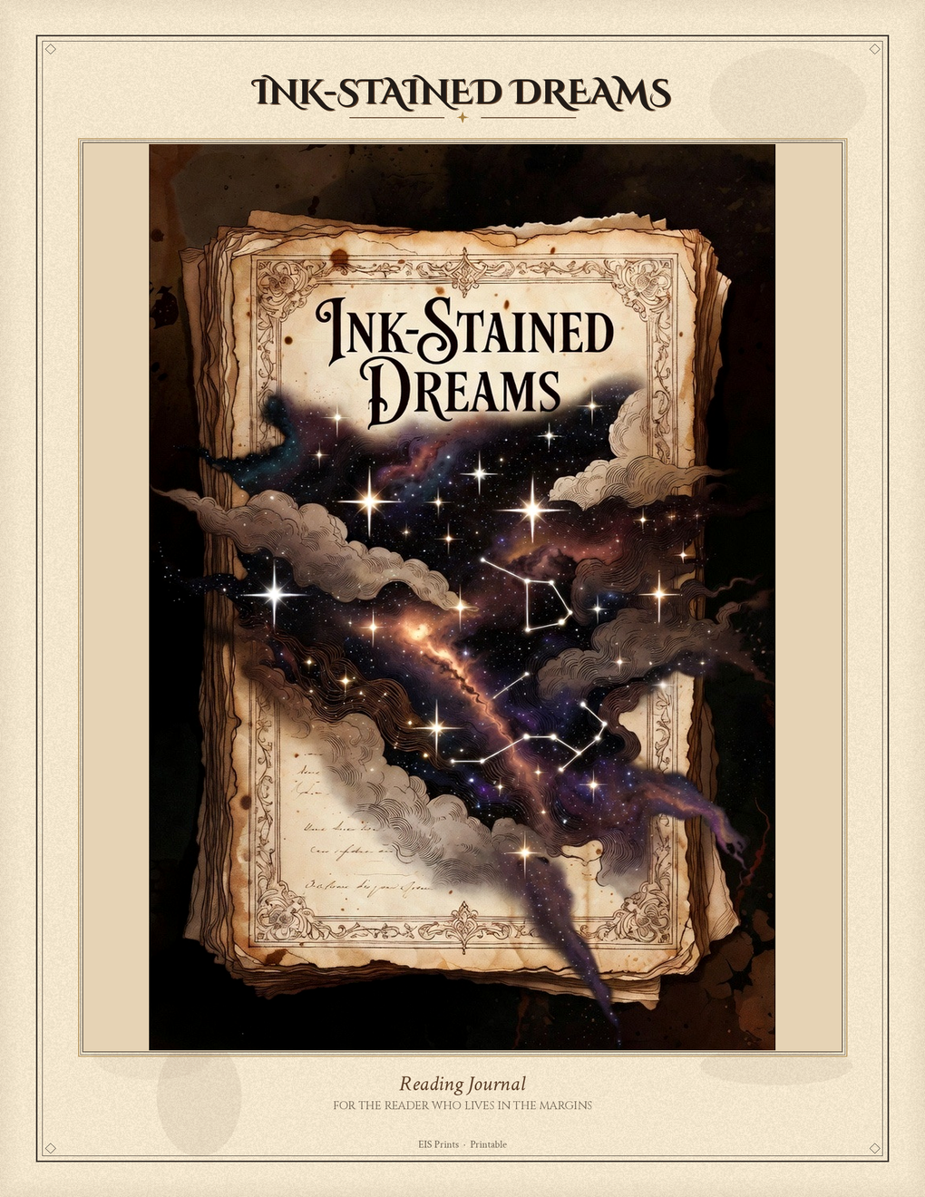 Printable journal cover page with celestial ink-and-stars artwork