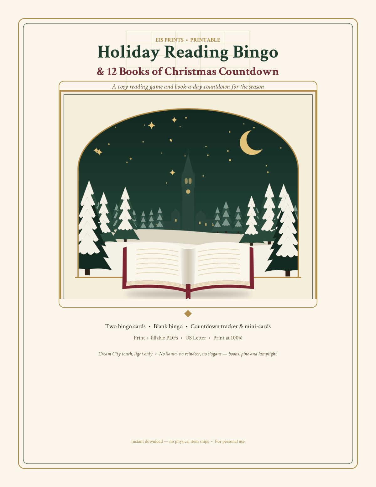 Holiday Reading Bingo cover: open book under a winter-night sky with pine, moon and stars, bingo grid ghosted behind the title.
