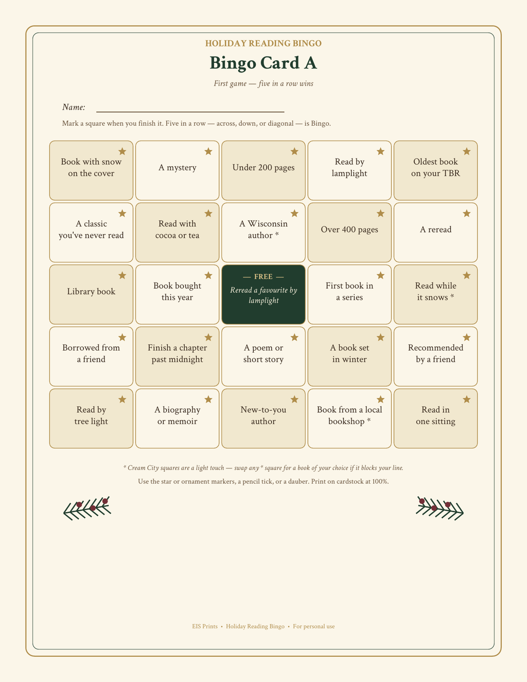 Holiday Reading Bingo Card A: curated 5 by 5 bingo card with FREE centre Reread a favourite by lamplight, in cream, evergreen and cranberry.