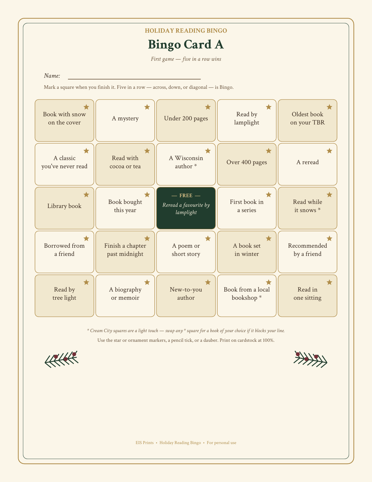 Holiday Reading Bingo Card A: curated 5 by 5 bingo card with FREE centre Reread a favourite by lamplight, in cream, evergreen and cranberry.