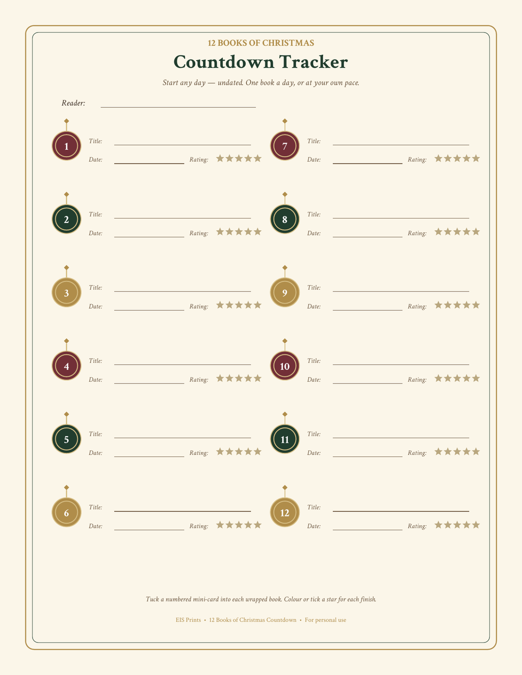 12 Books of Christmas Countdown tracker: 12 numbered book ornaments with title, date and star rating lines, undated start any day.