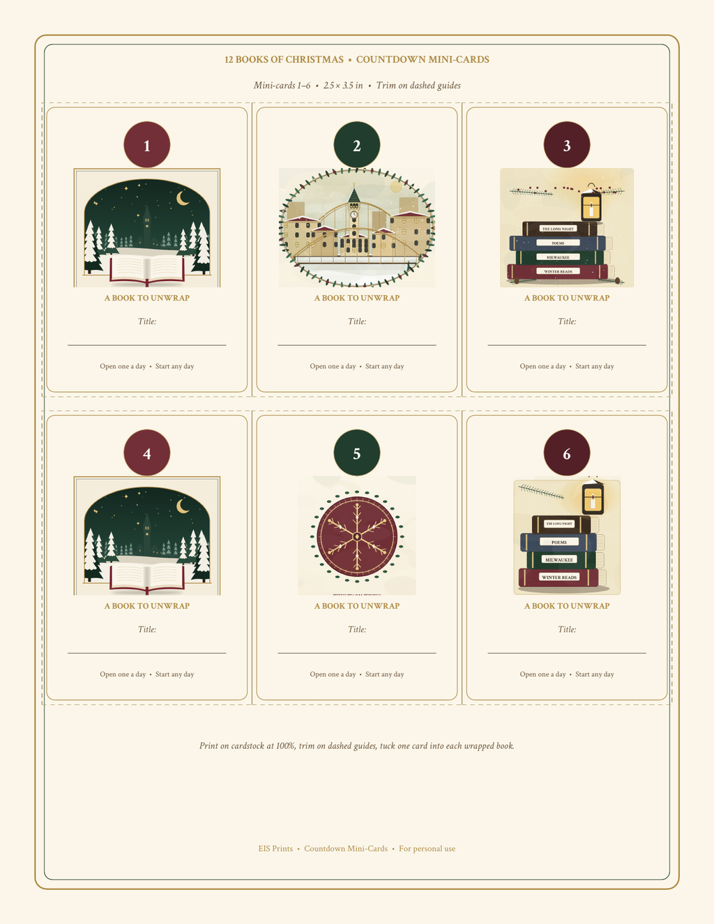 12 Books of Christmas Countdown mini-cards sheet: numbered 2.5 by 3.5 inch cards to tuck into wrapped books.