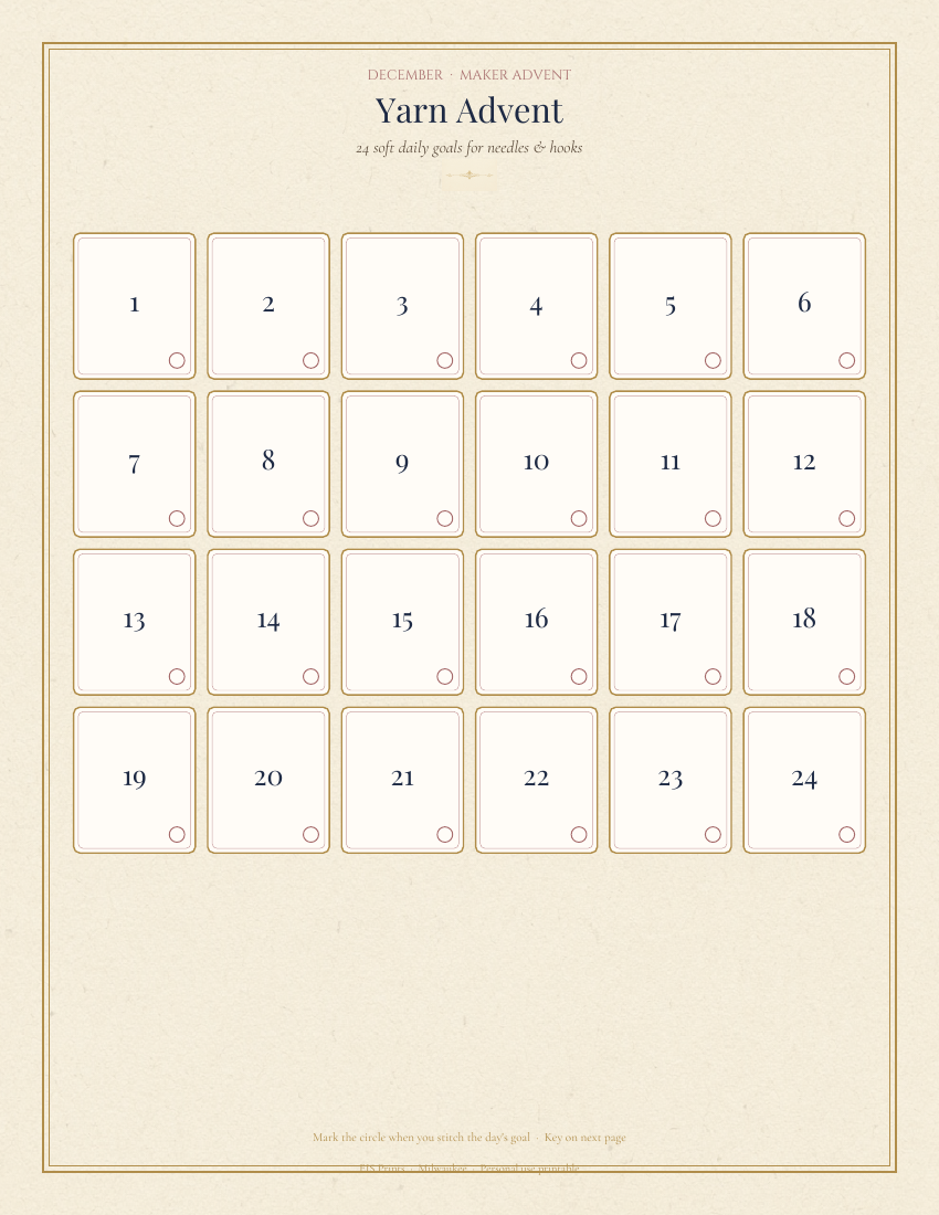 Yarn Advent calendar page: 24 numbered stitch-goal squares with check circles on cream paper.