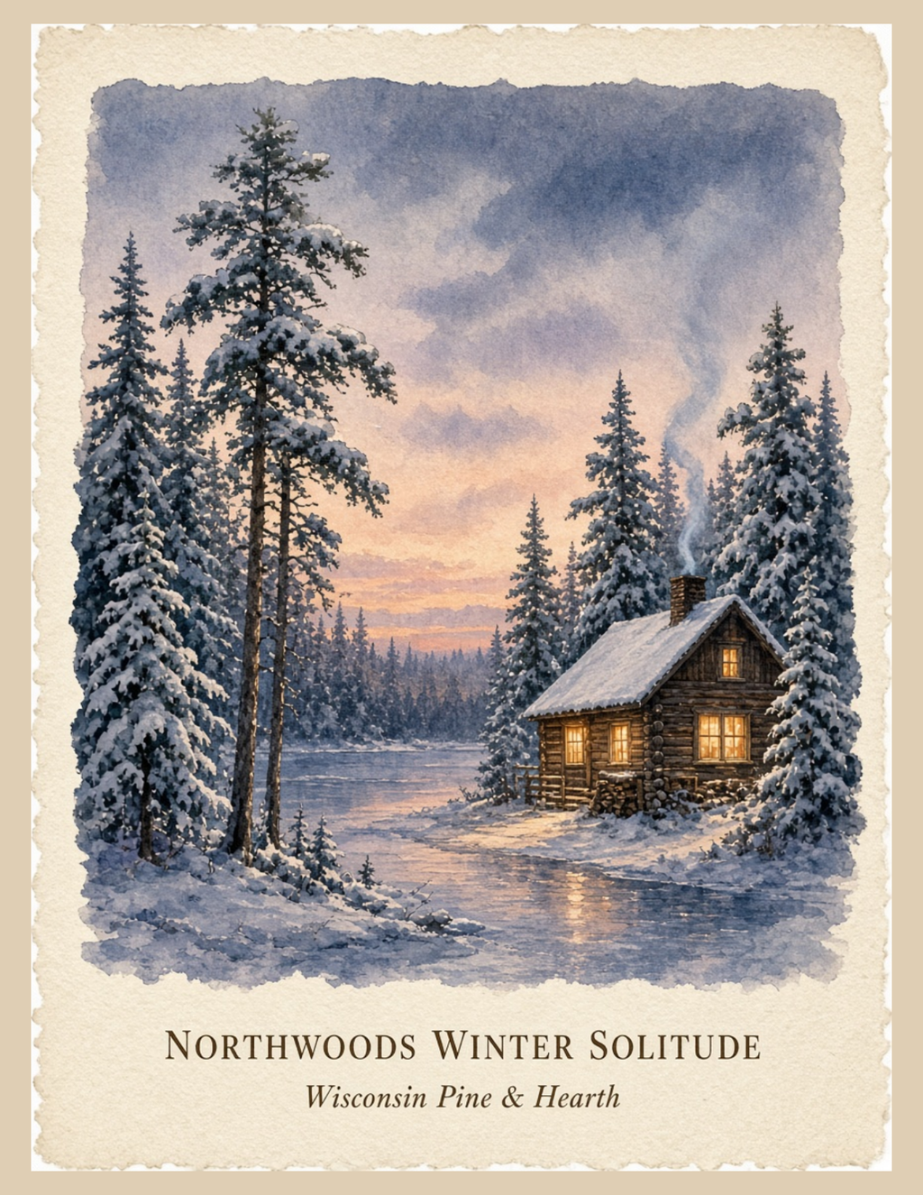 Northwoods Winter Solitude watercolor wall art print showing a warmly lit log cabin among snow-laden white pines by a frozen lake at twilight on deckled cotton-rag margins.
