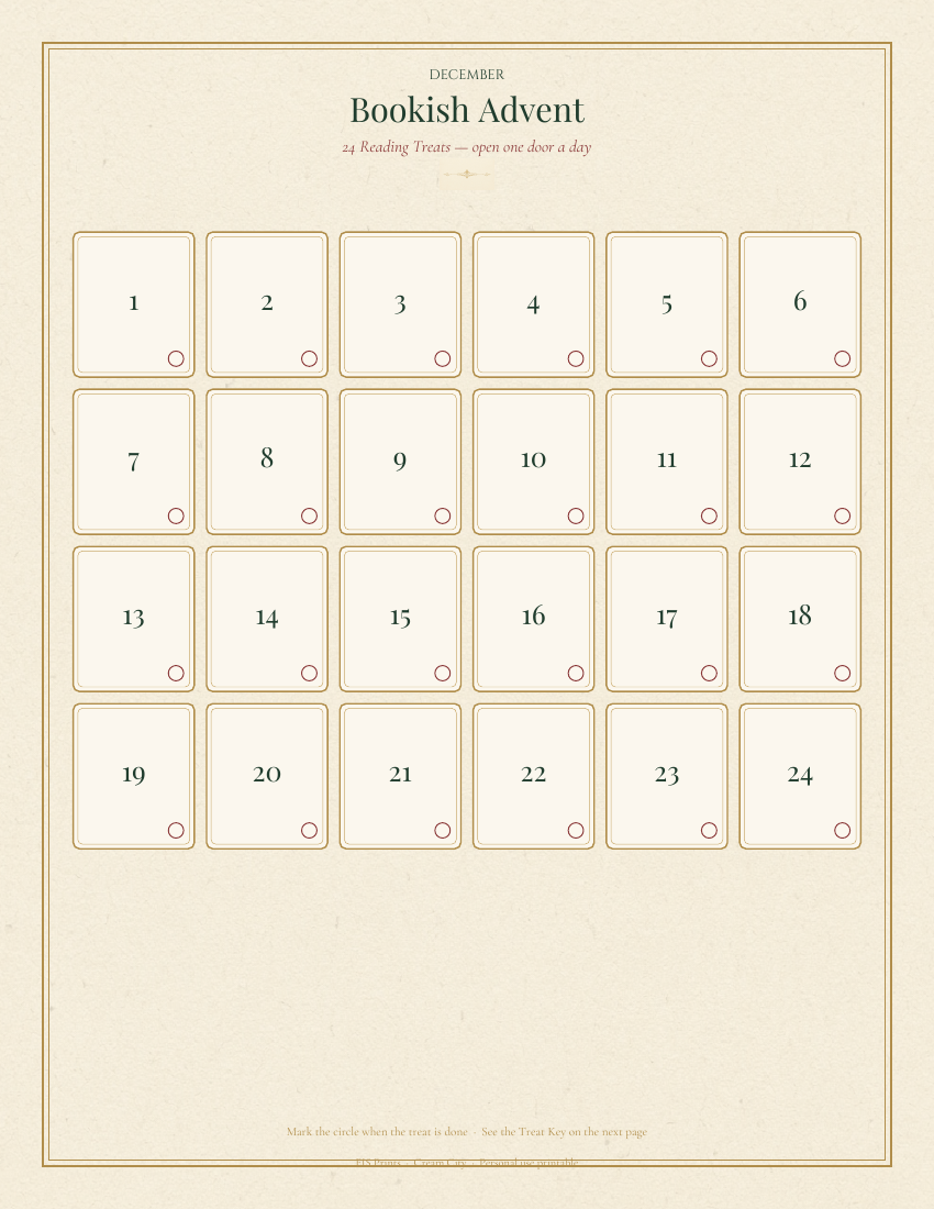 Bookish Advent calendar page: 24 numbered doors with check circles on cream paper with gold rules.