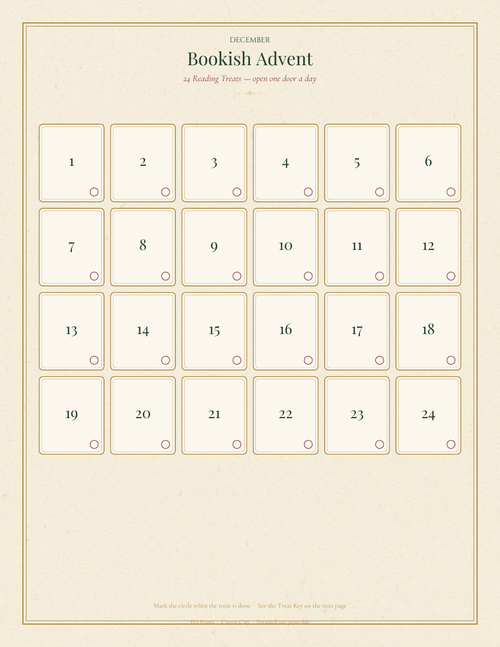 Bookish Advent calendar page: 24 numbered doors with check circles on cream paper with gold rules.