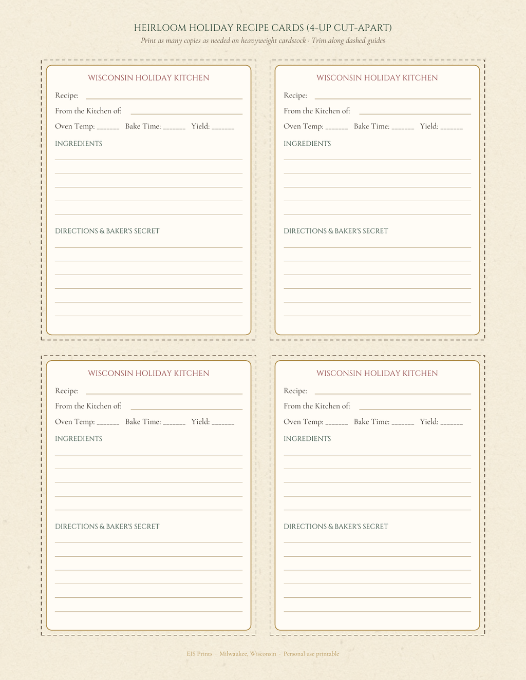 Heirloom Holiday Recipe Cards interior sheet showing four cut-apart 4x6-style recipe cards with double-rule borders and dashed trim guides on cream paper.