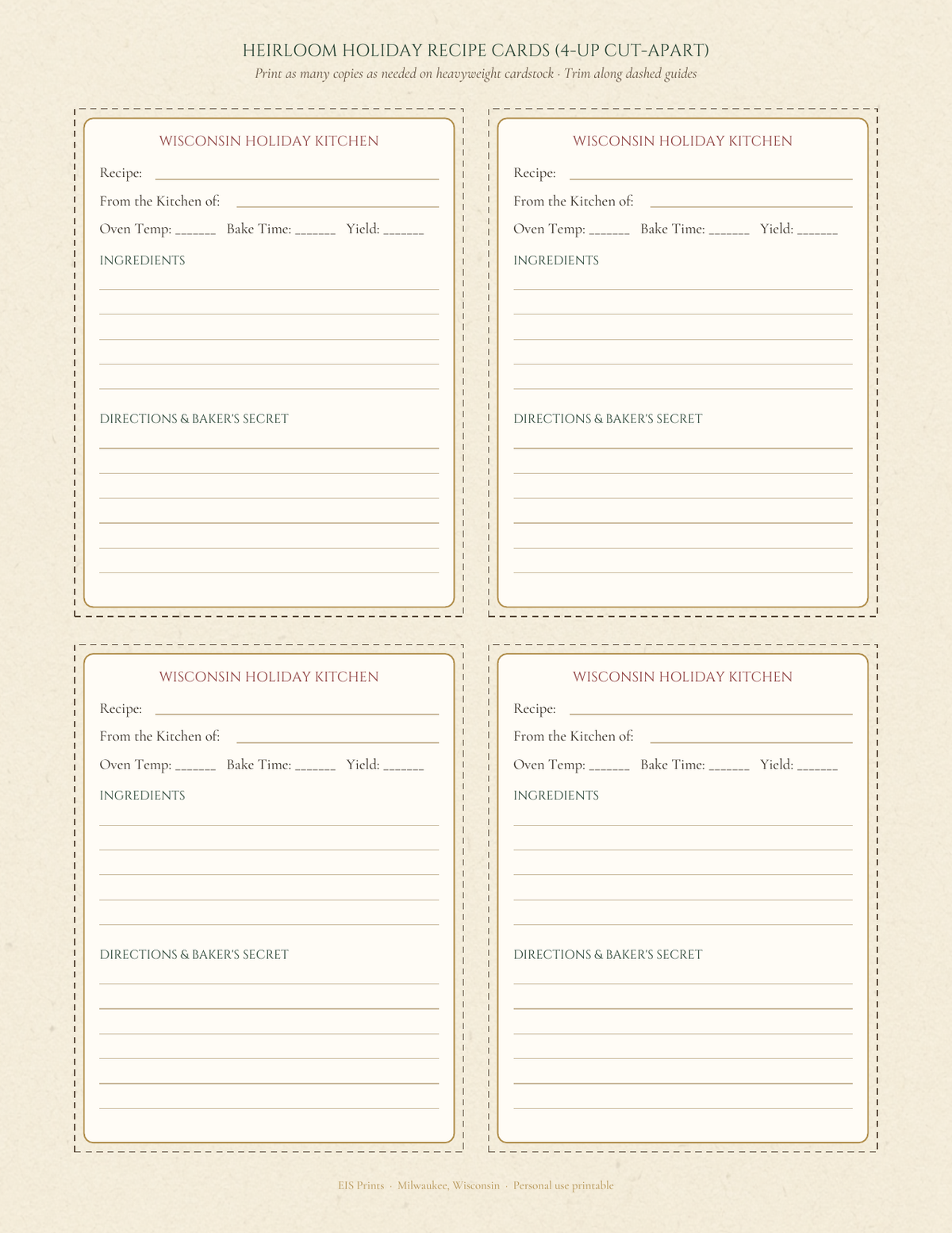 Heirloom Holiday Recipe Cards interior sheet showing four cut-apart 4x6-style recipe cards with double-rule borders and dashed trim guides on cream paper.