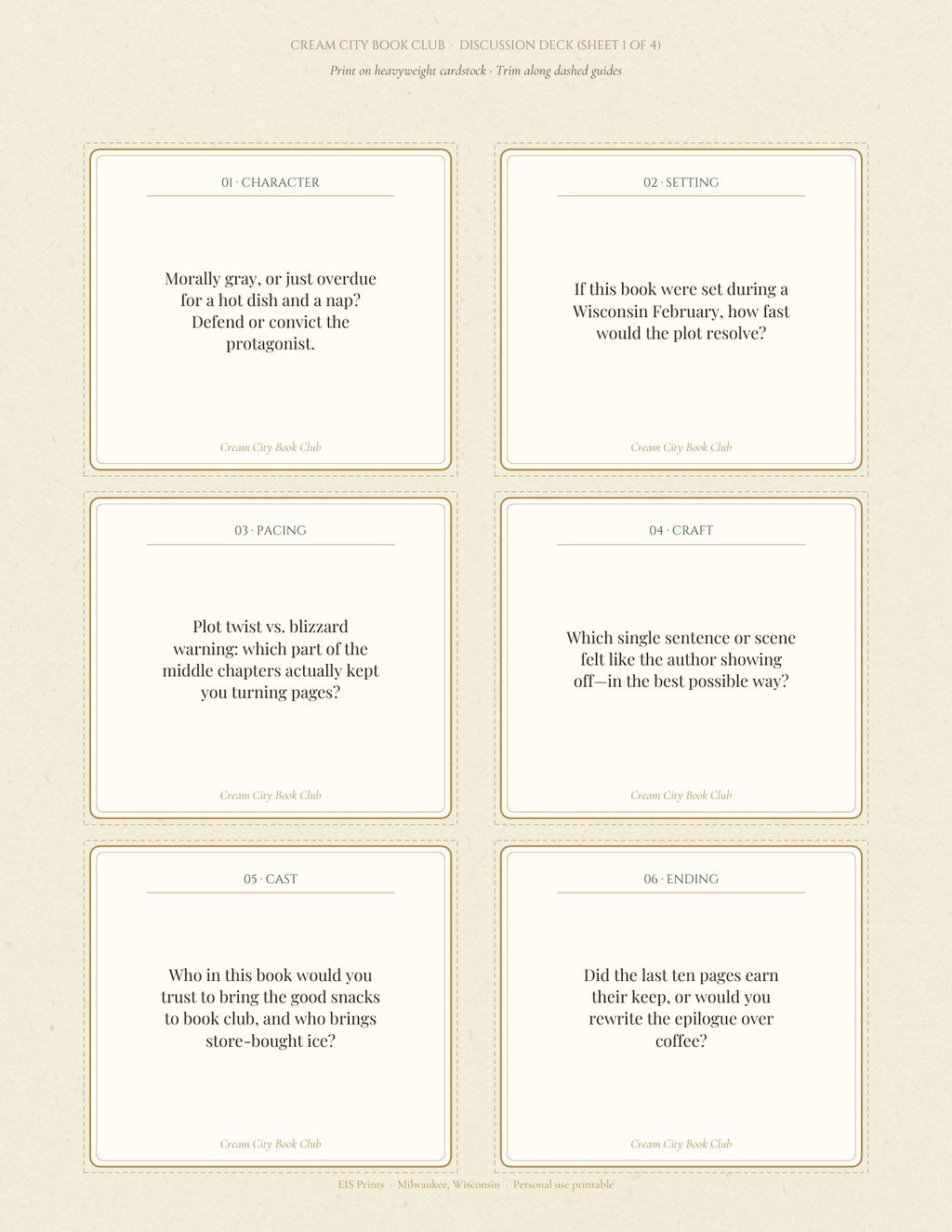 Cream City Book Club Discussion Deck Sheet 1 of 4 showing six cut-apart literary prompt cards with double-line borders and dashed trim guides.