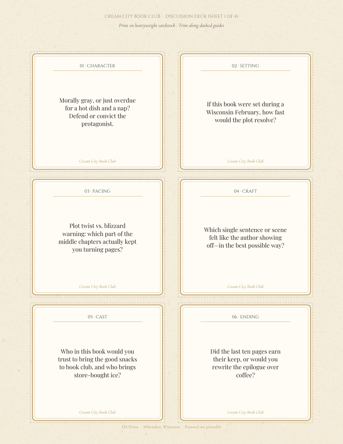 Cream City Book Club Discussion Deck Sheet 1 of 4 showing six cut-apart literary prompt cards with double-line borders and dashed trim guides.