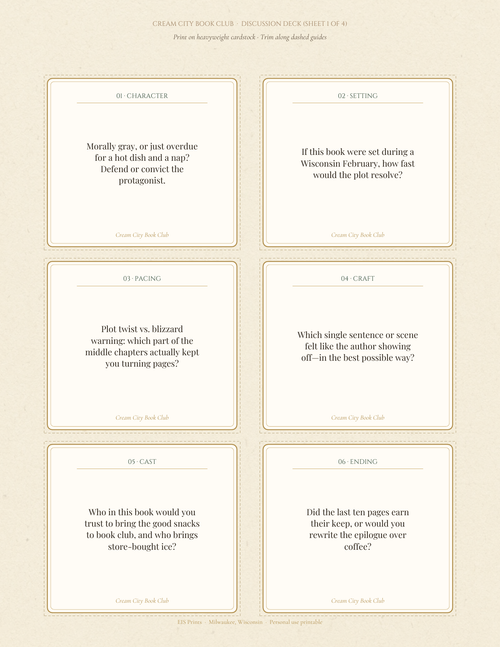 Cream City Book Club Discussion Deck Sheet 1 of 4 showing six cut-apart literary prompt cards with double-line borders and dashed trim guides.