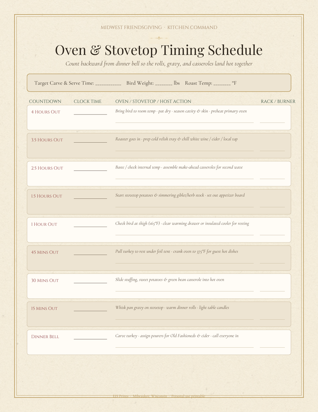 Midwest Friendsgiving Oven and Stovetop Timing Schedule interior page showing a reverse countdown matrix from 4 Hours Out to Dinner Bell on warm cream stationery.