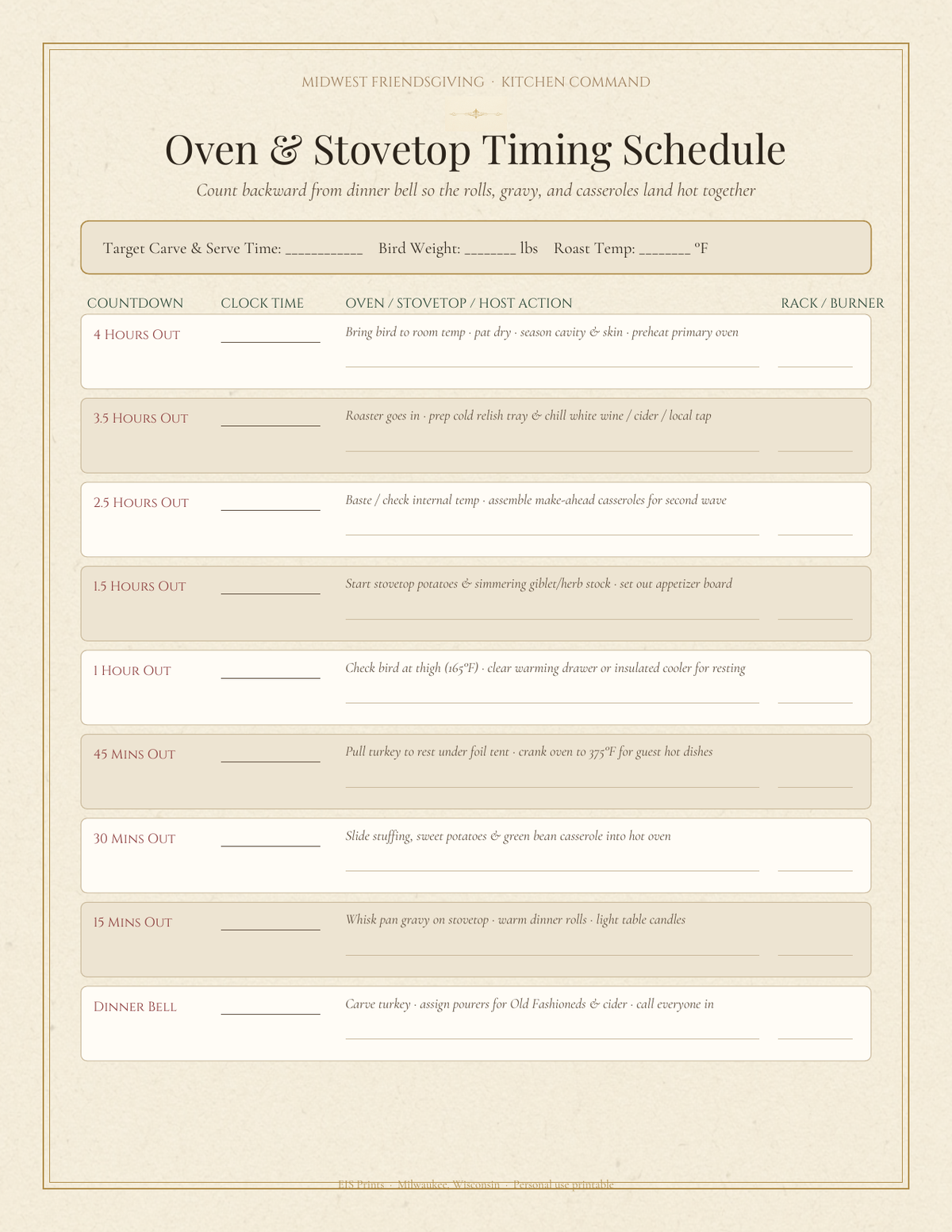 Midwest Friendsgiving Oven and Stovetop Timing Schedule interior page showing a reverse countdown matrix from 4 Hours Out to Dinner Bell on warm cream stationery.