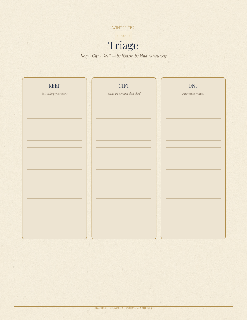 Winter TBR triage page with three columns — Keep, Gift and DNF — ruled for book titles on parchment.