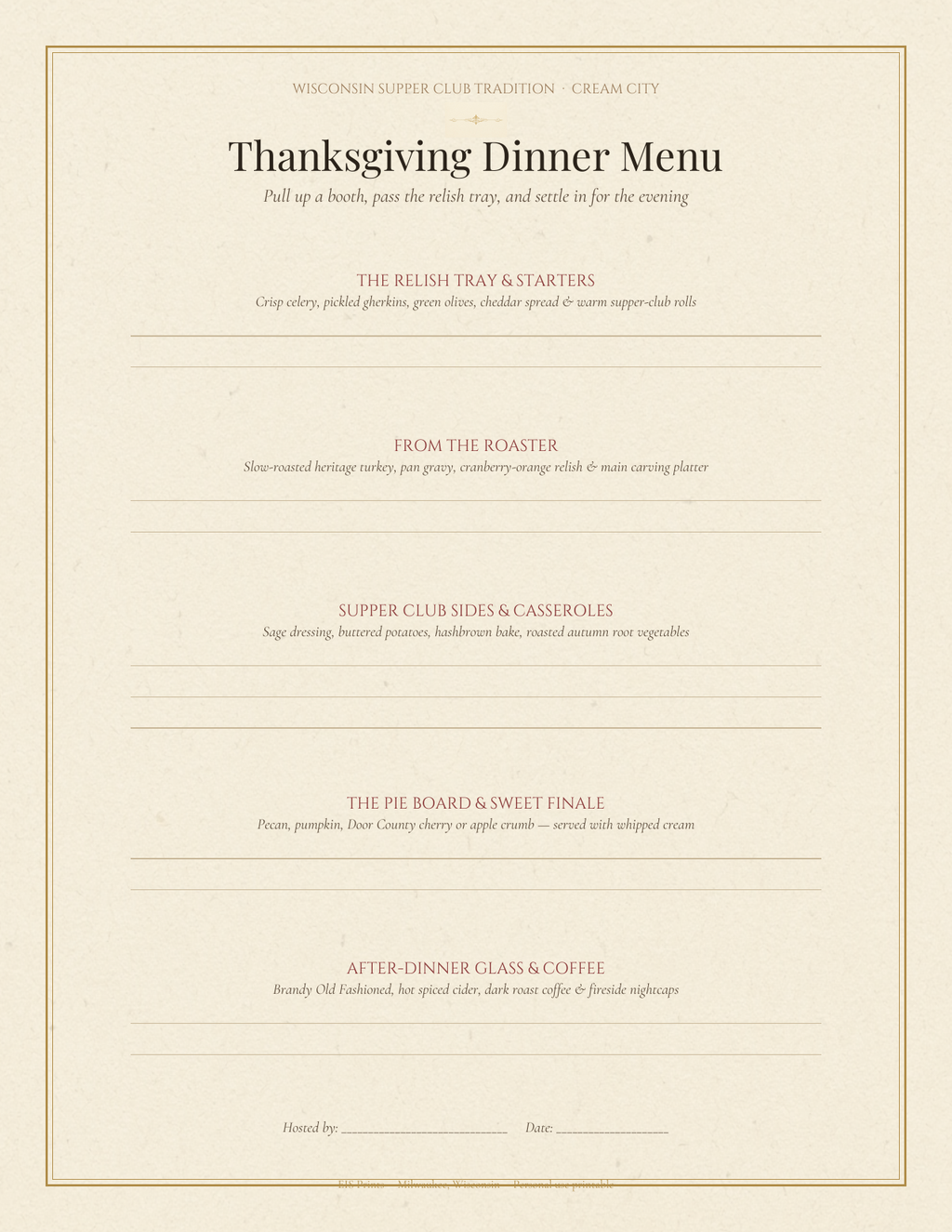 Write-in Wisconsin Supper Club Thanksgiving Dinner Menu interior page with guided sections for the relish tray, roaster, sides, pie board, and after-dinner drinks on warm cream paper.