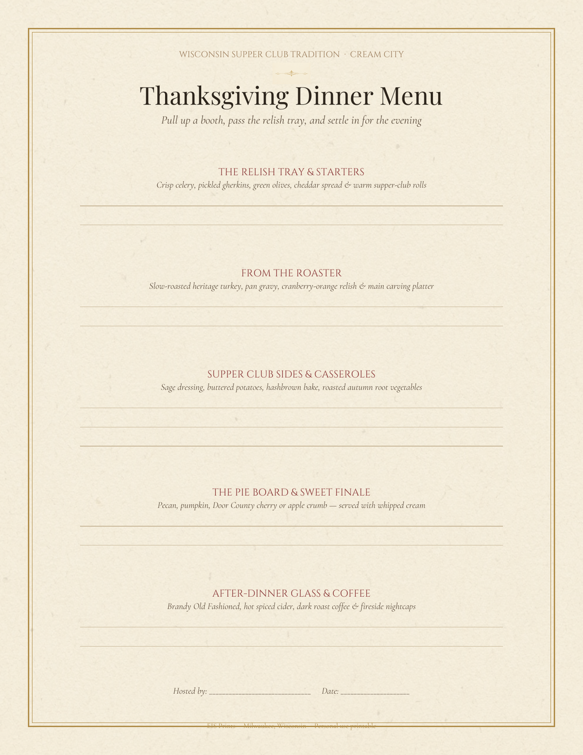 Write-in Wisconsin Supper Club Thanksgiving Dinner Menu interior page with guided sections for the relish tray, roaster, sides, pie board, and after-dinner drinks on warm cream paper.
