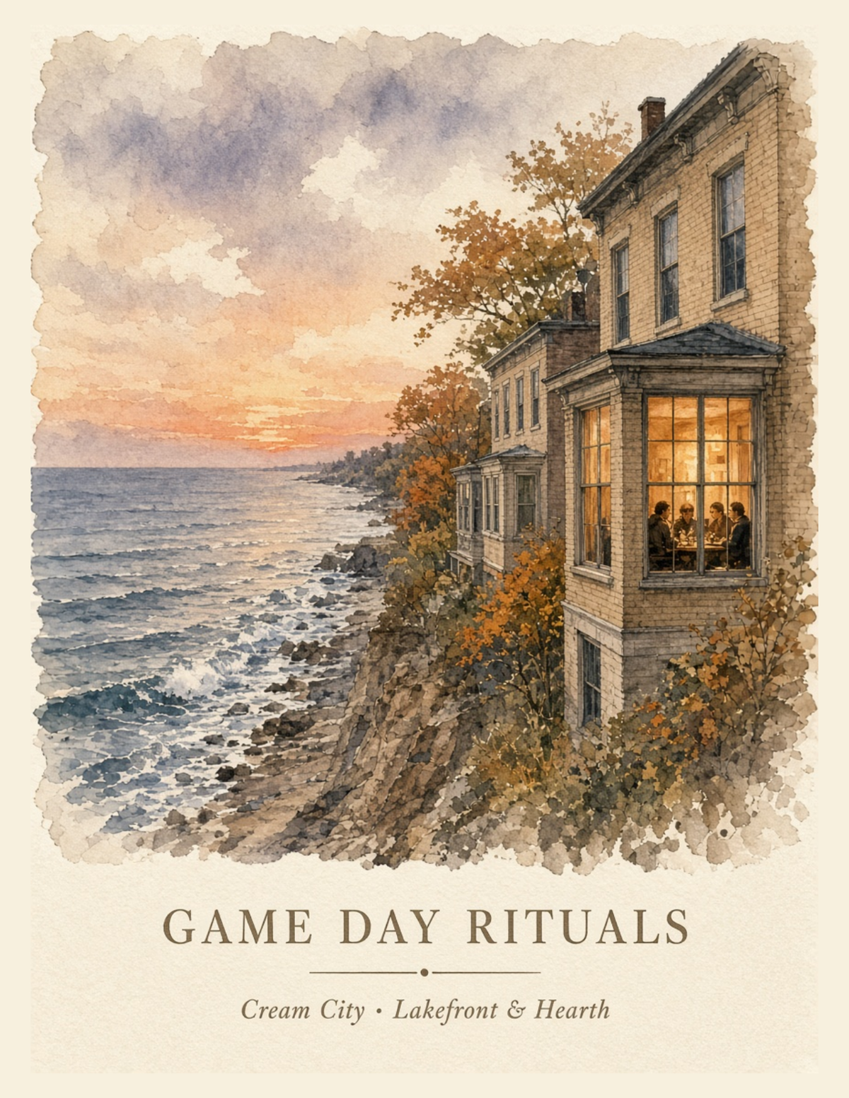 Game Day Rituals Cream City Lakefront and Hearth watercolor art print showing historic brick homes on a Lake Michigan bluff at sunset with a warm lit bay window.