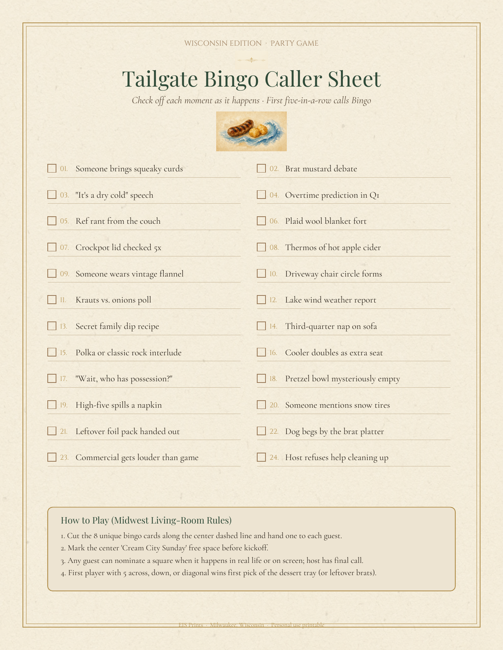 Tailgate Bingo Caller Sheet with 24 Wisconsin and Midwest game-day prompts, checkboxes and living-room rules on warm cream paper.