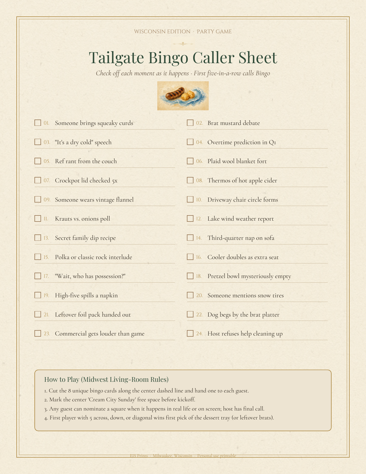 Tailgate Bingo Caller Sheet with 24 Wisconsin and Midwest game-day prompts, checkboxes and living-room rules on warm cream paper.
