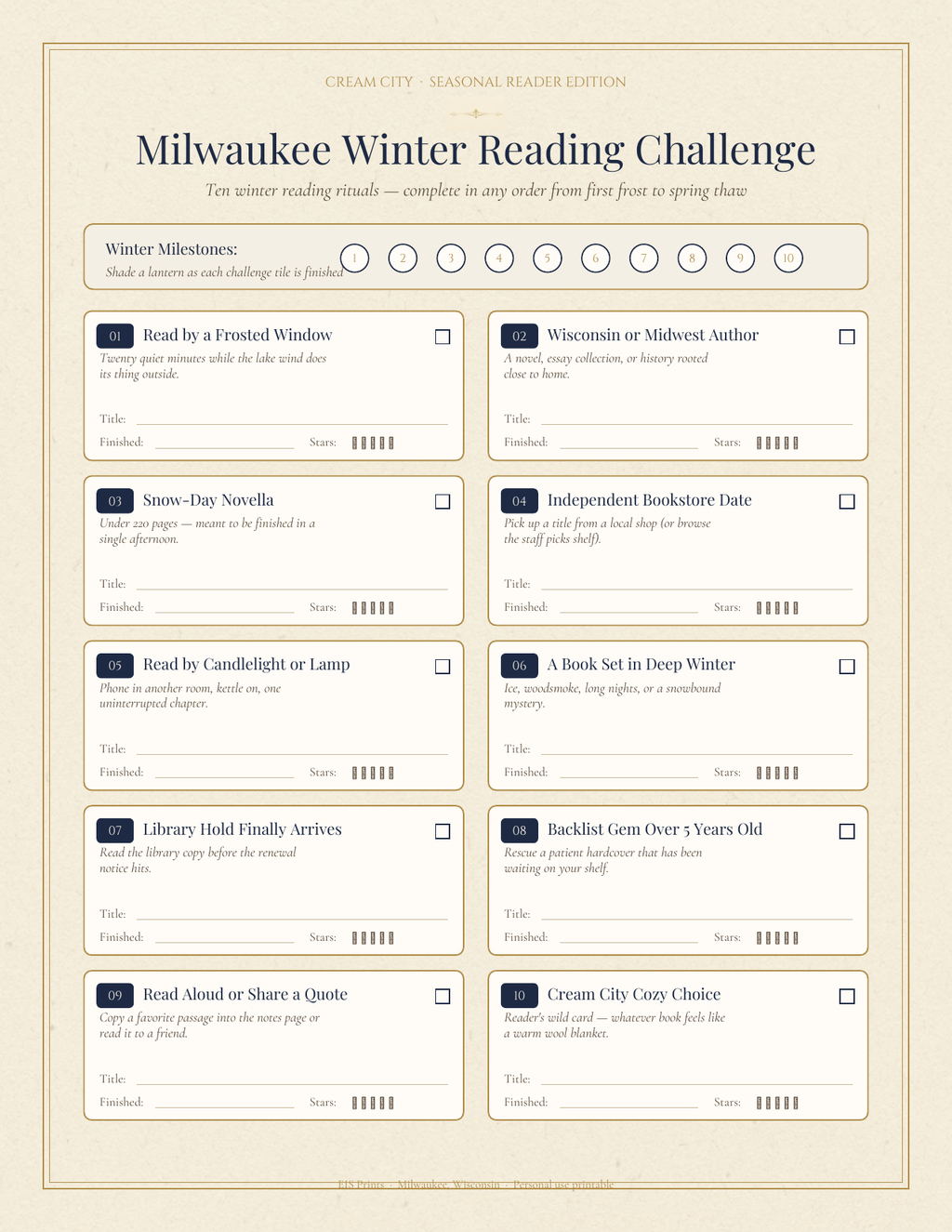 Milwaukee Winter Reading Challenge interior tracker page with 10 winter reading ritual tiles, lantern milestone bar, and title and star rating lines on cream paper.
