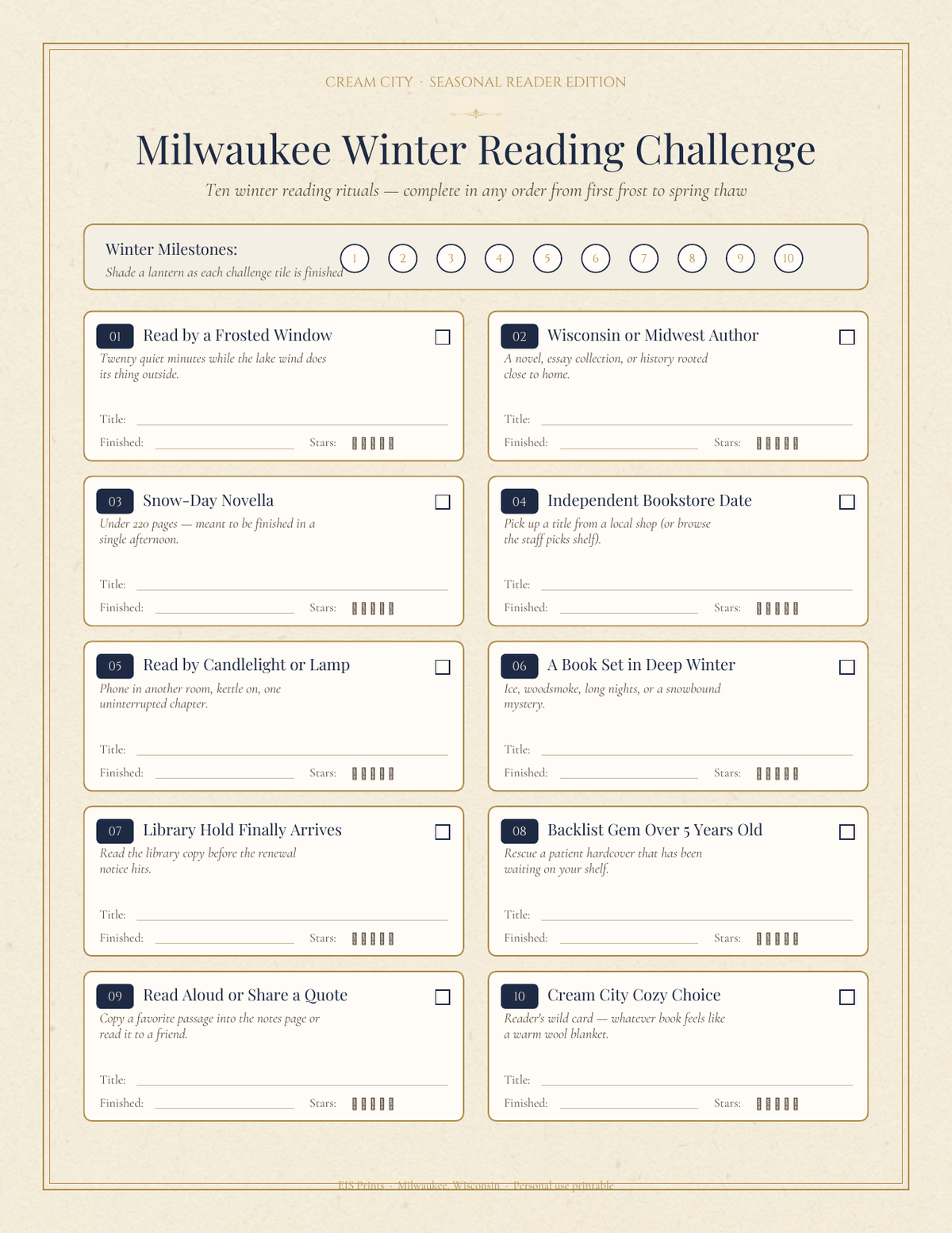 Milwaukee Winter Reading Challenge interior tracker page with 10 winter reading ritual tiles, lantern milestone bar, and title and star rating lines on cream paper.