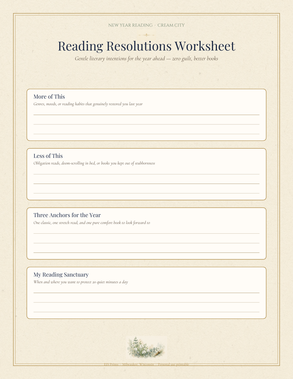 Reading Resolutions Worksheet interior page with four guided reflection boxes on warm cream paper with gold borders and a watercolor botanical footer.