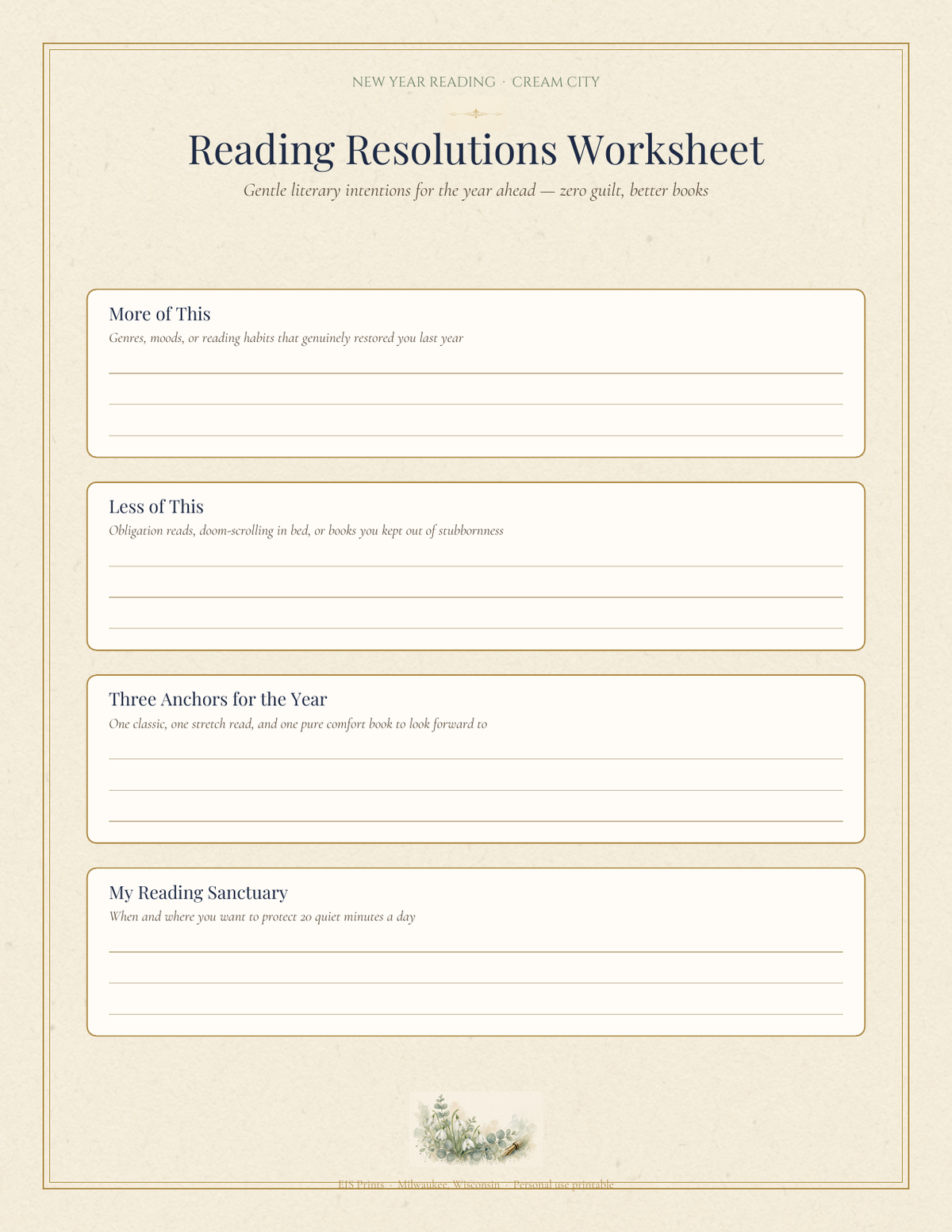 Reading Resolutions Worksheet interior page with four guided reflection boxes on warm cream paper with gold borders and a watercolor botanical footer.