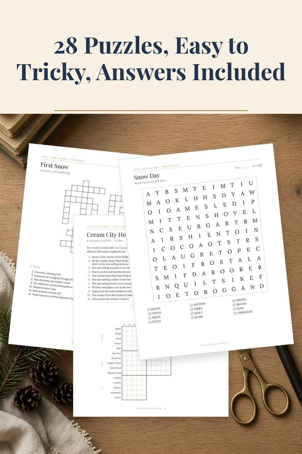 Pinterest pin: 28 Puzzles, Easy to Tricky, Answers Included, showing printed word search and crossword pages from the Wisconsin puzzle book.