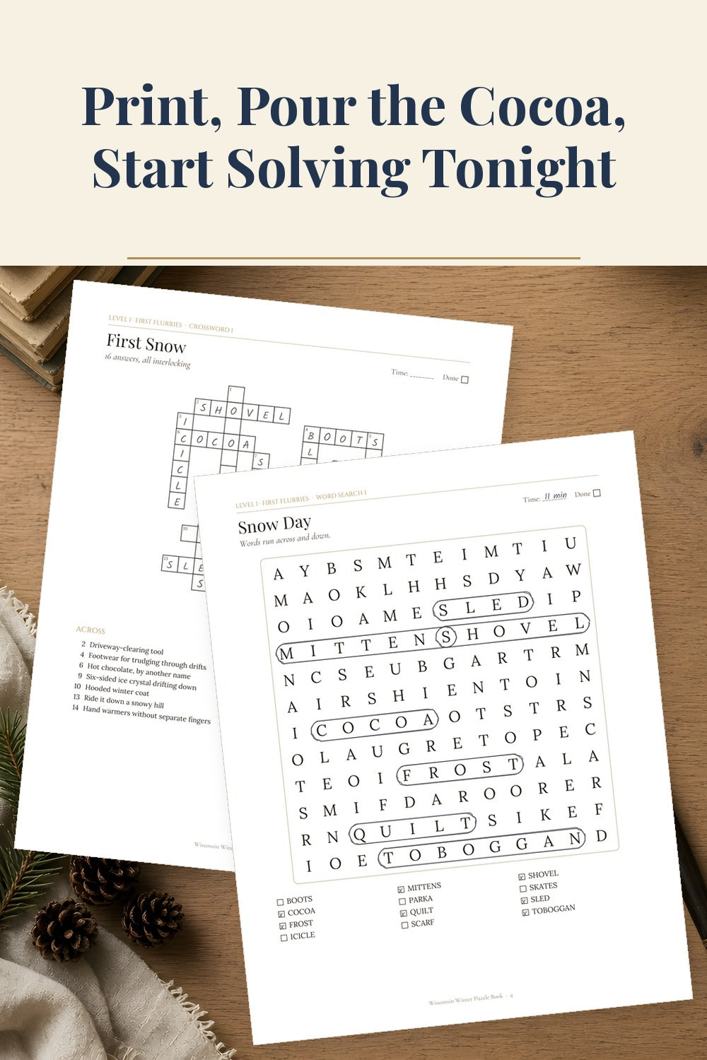 Printed Wisconsin winter crossword and word search pages being solved with a pencil next to cocoa, set up for a cozy snowy evening.