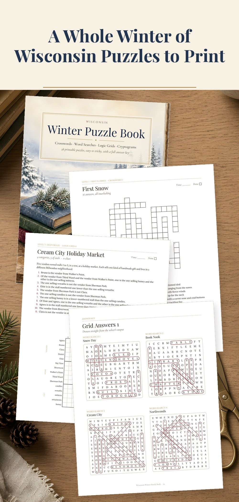 Long Pinterest pin: A Whole Winter of Wisconsin Puzzles to Print, showing the puzzle book cover above crossword, logic grid and word search pages.