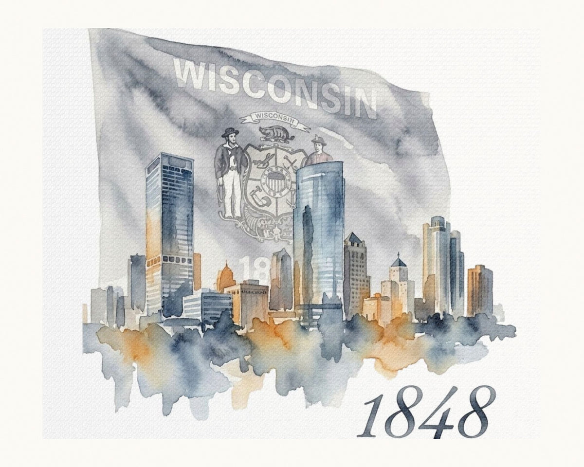 Print A: full watercolor Milwaukee skyline with Wisconsin seal and 1848, landscape