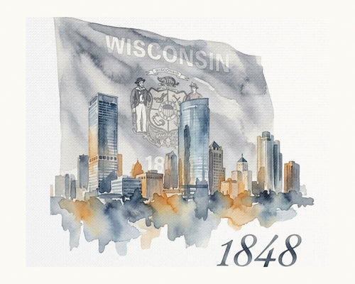 Print A: full watercolor Milwaukee skyline with Wisconsin seal and 1848, landscape