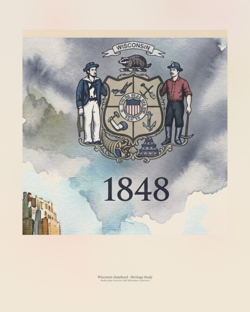 Print B: Wisconsin seal and 1848 typography on a soft parchment wash, portrait