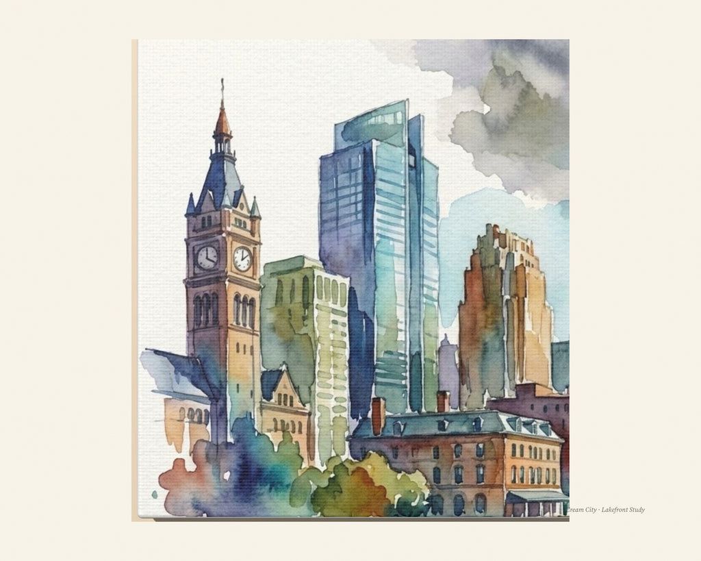 Print C: watercolor of Milwaukee City Hall and cream-brick lakefront buildings