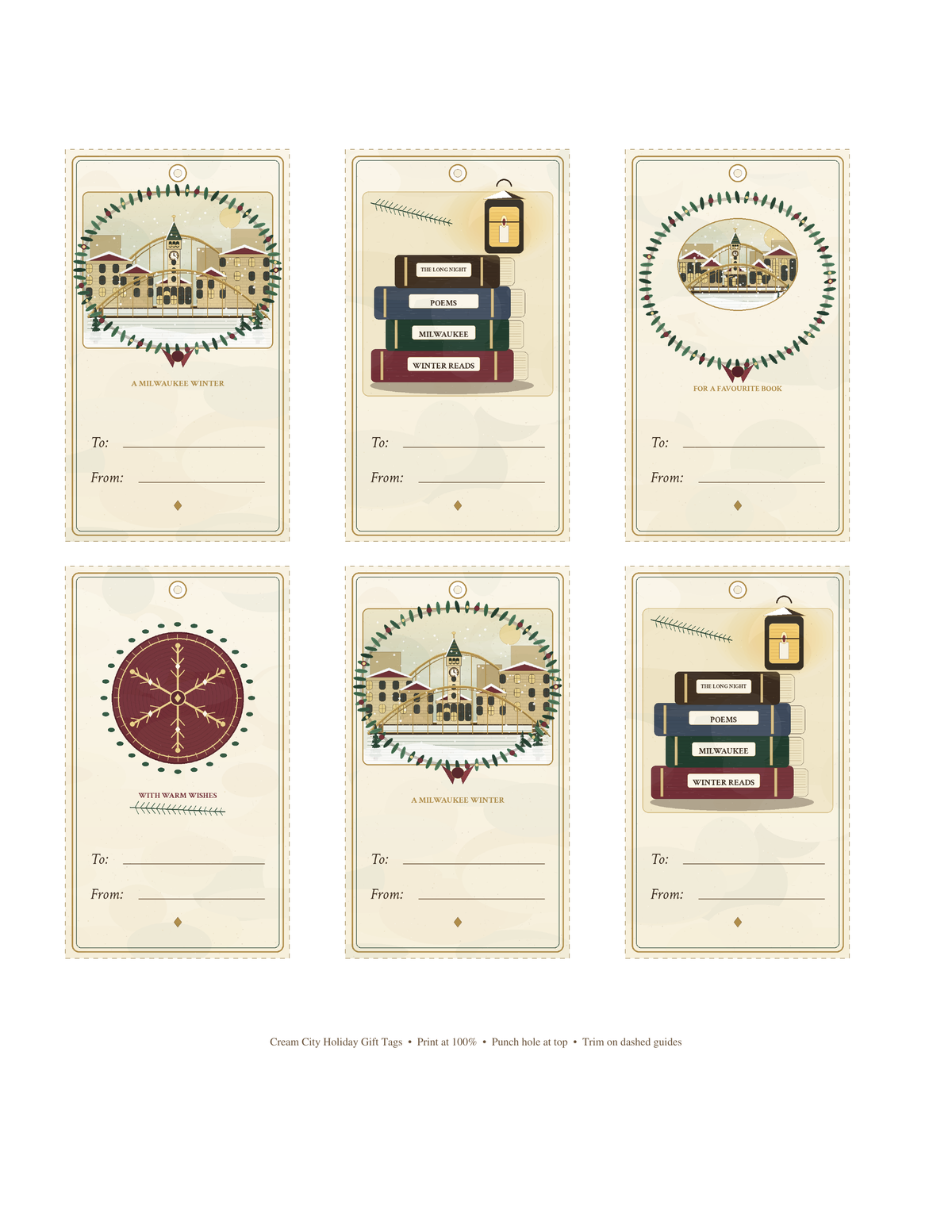 Cream City Holiday gift tag sheet 1: Milwaukee skyline and books To/From tags.