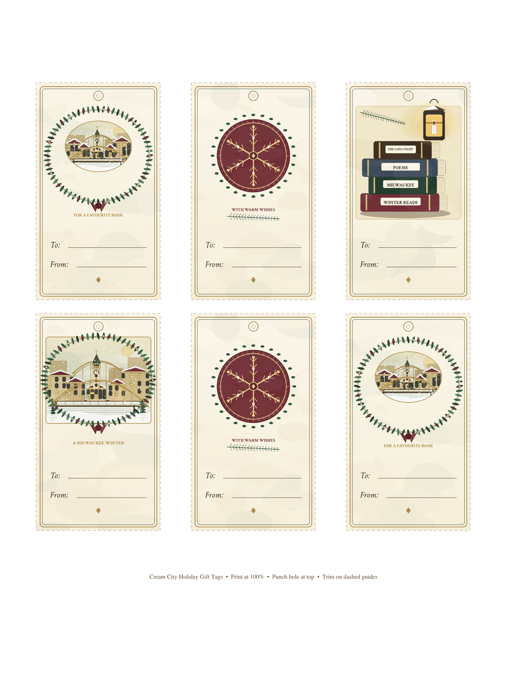 Cream City Holiday gift tag sheet 2: wreath and snowflake ornament To/From tags.
